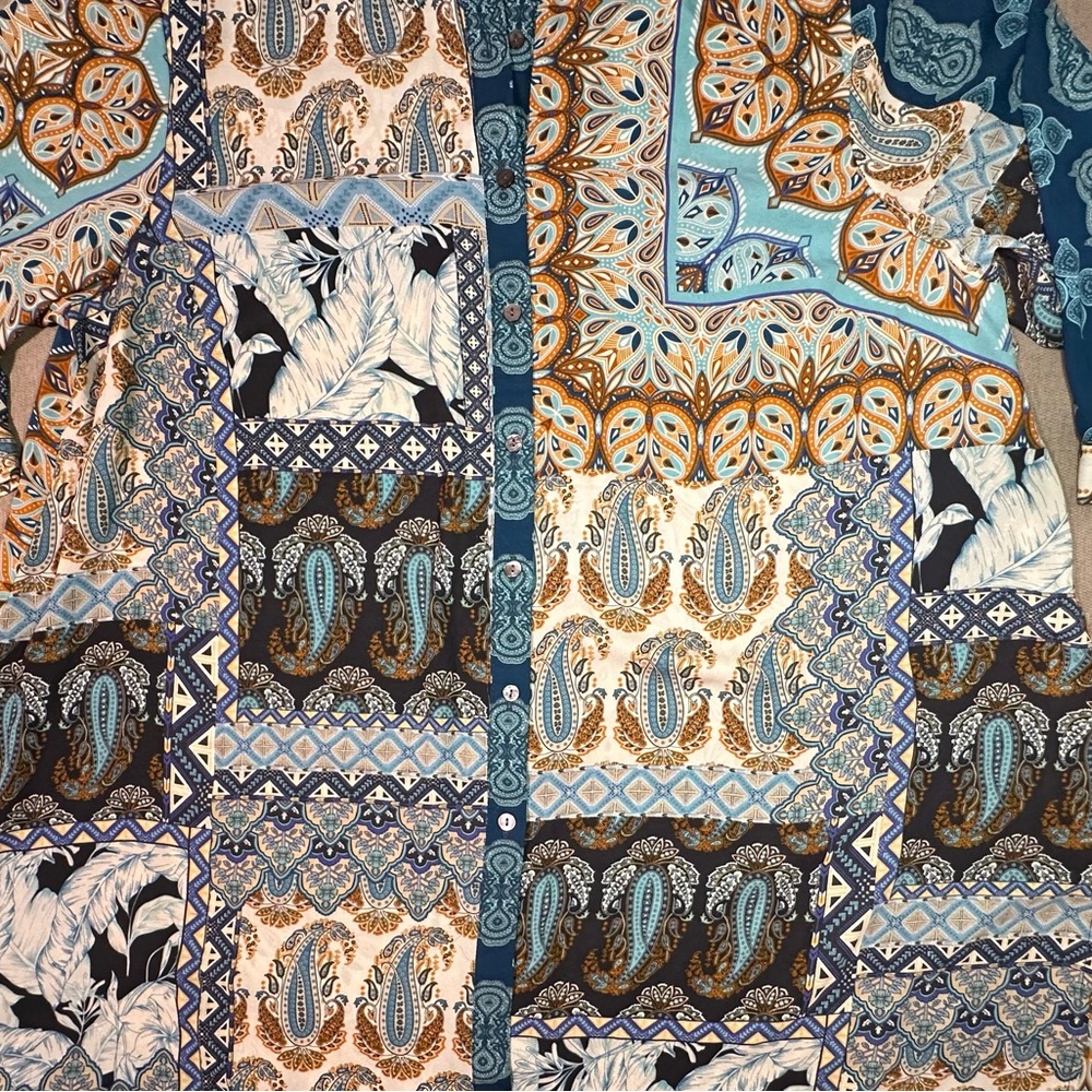 Patchwork Print Button-Front Women's Top - Navy & Tan - Picture 2 of 7